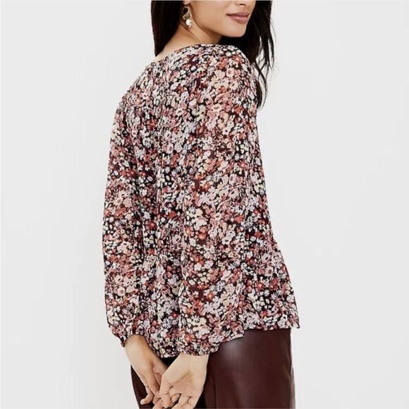 LOFT Burgundy Pink Floral V-Neck Peplum Blouse - Size L - Picture 2 of 14